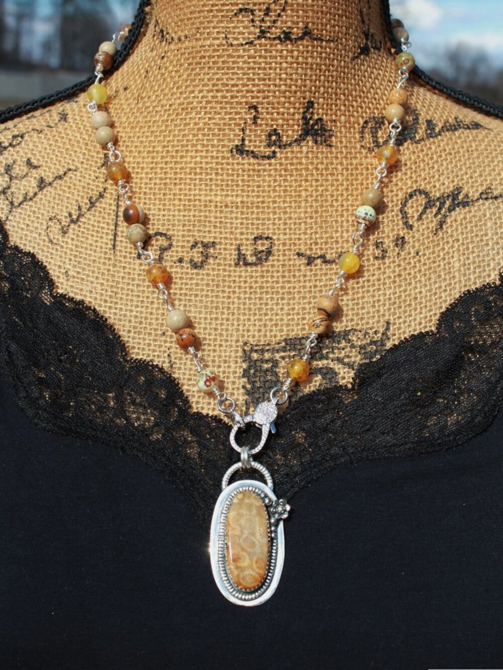 Natural Gemstone Necklace with Pave Clasp Beaded Jewelry